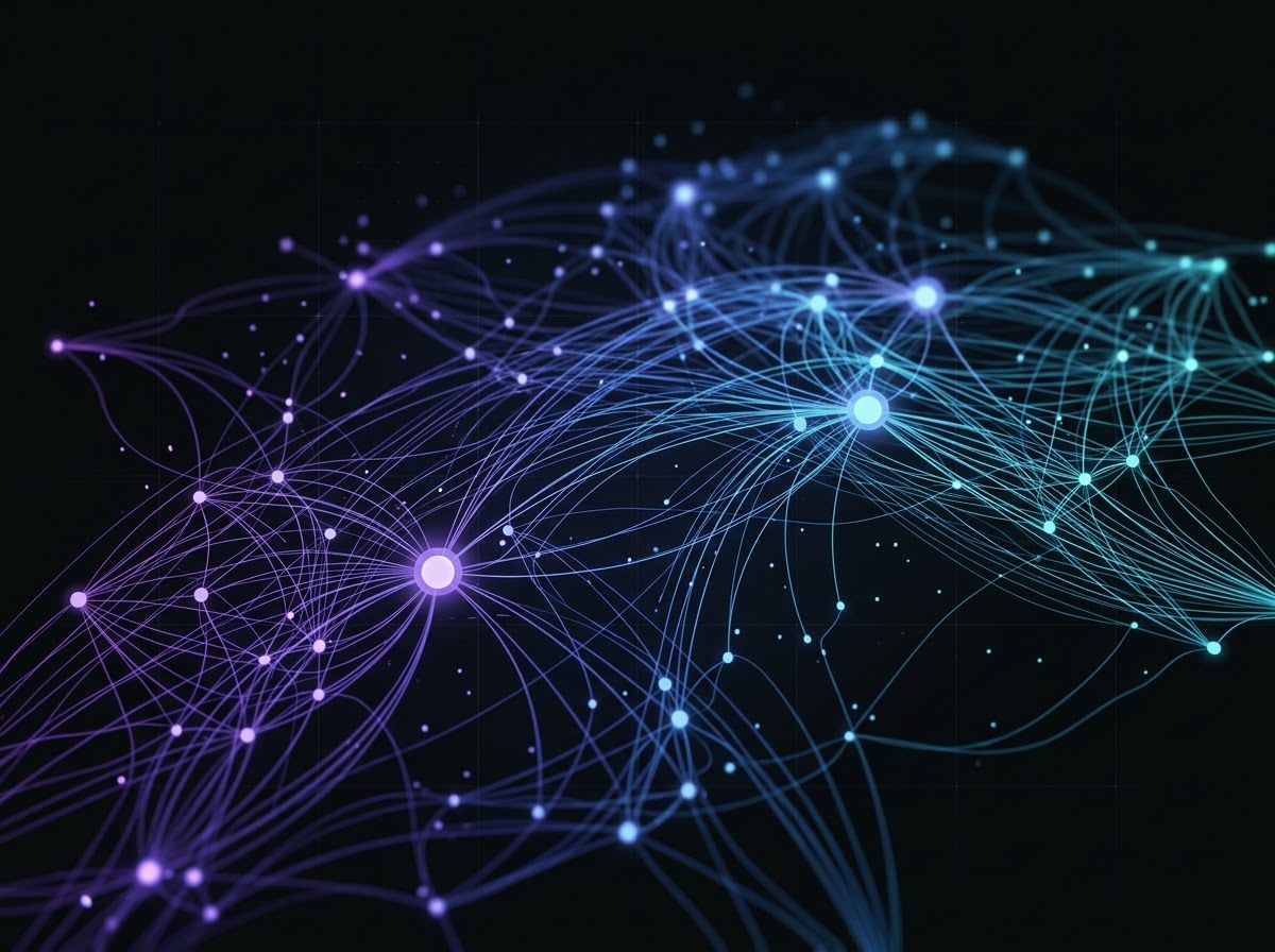 Constellation de nœuds de connaissance reliés par des fils lumineux sur fond noir.